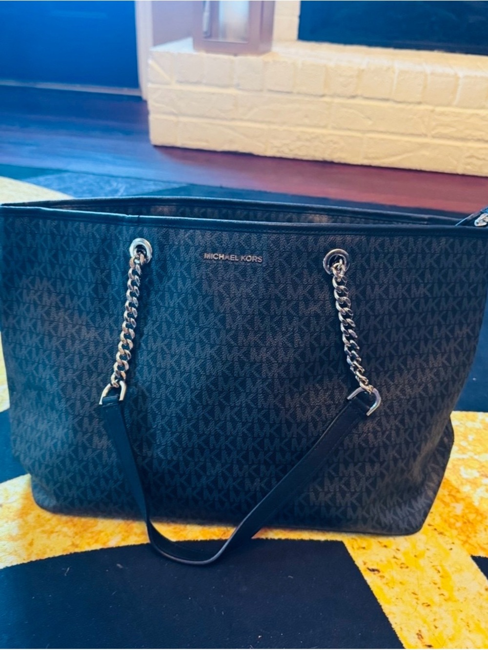 Michael Kors Black MK Logo Chain-Strap Tote